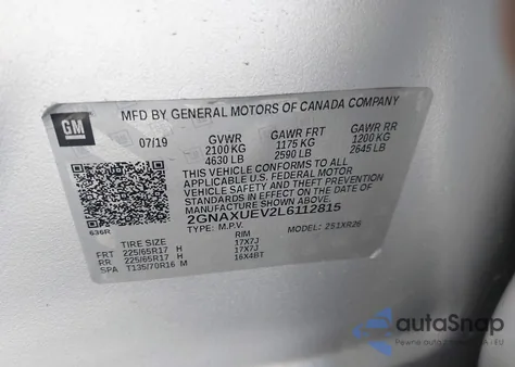 2020 Chevrolet Equinox Awd Lt 1.5L Turbo из США, поврежденный, VIN 2GNAXUEV2L6112815